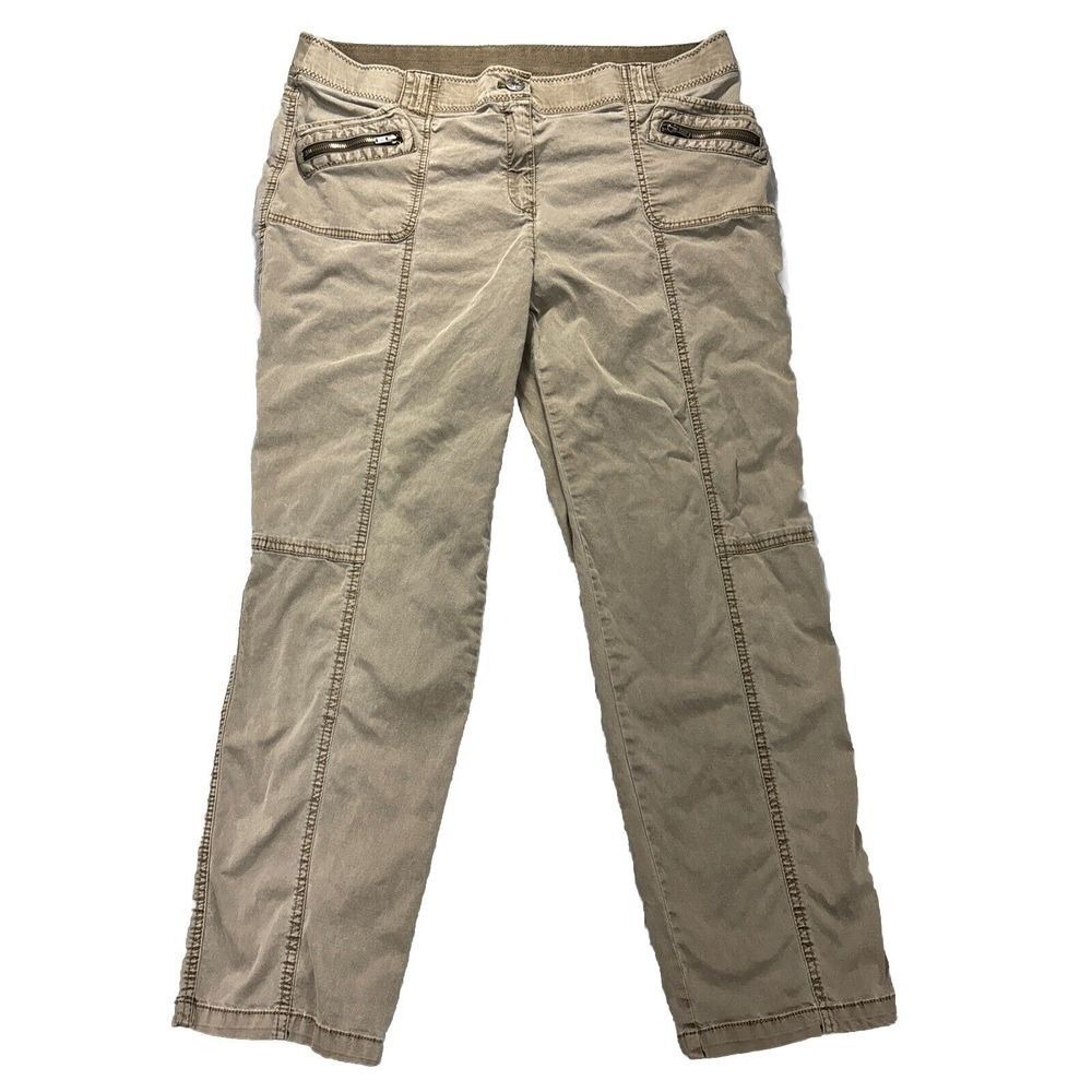 Chico's Poplin Pants Womens 2 (L)‎ Tan Stretch Utility Cargo Zip Pockets 34x27